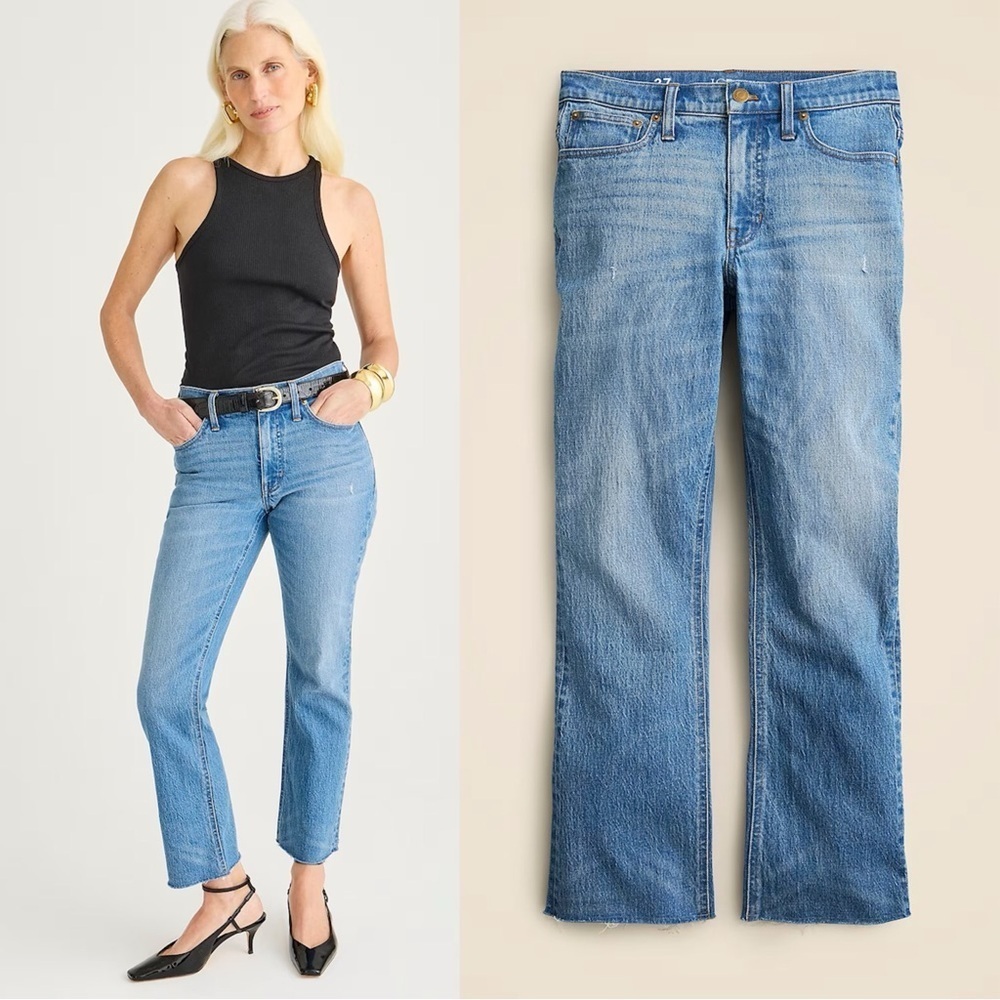 J Crew • 9" Demi-Boot Crop Jean in Clyde wash blue medium flare ankle bootcut